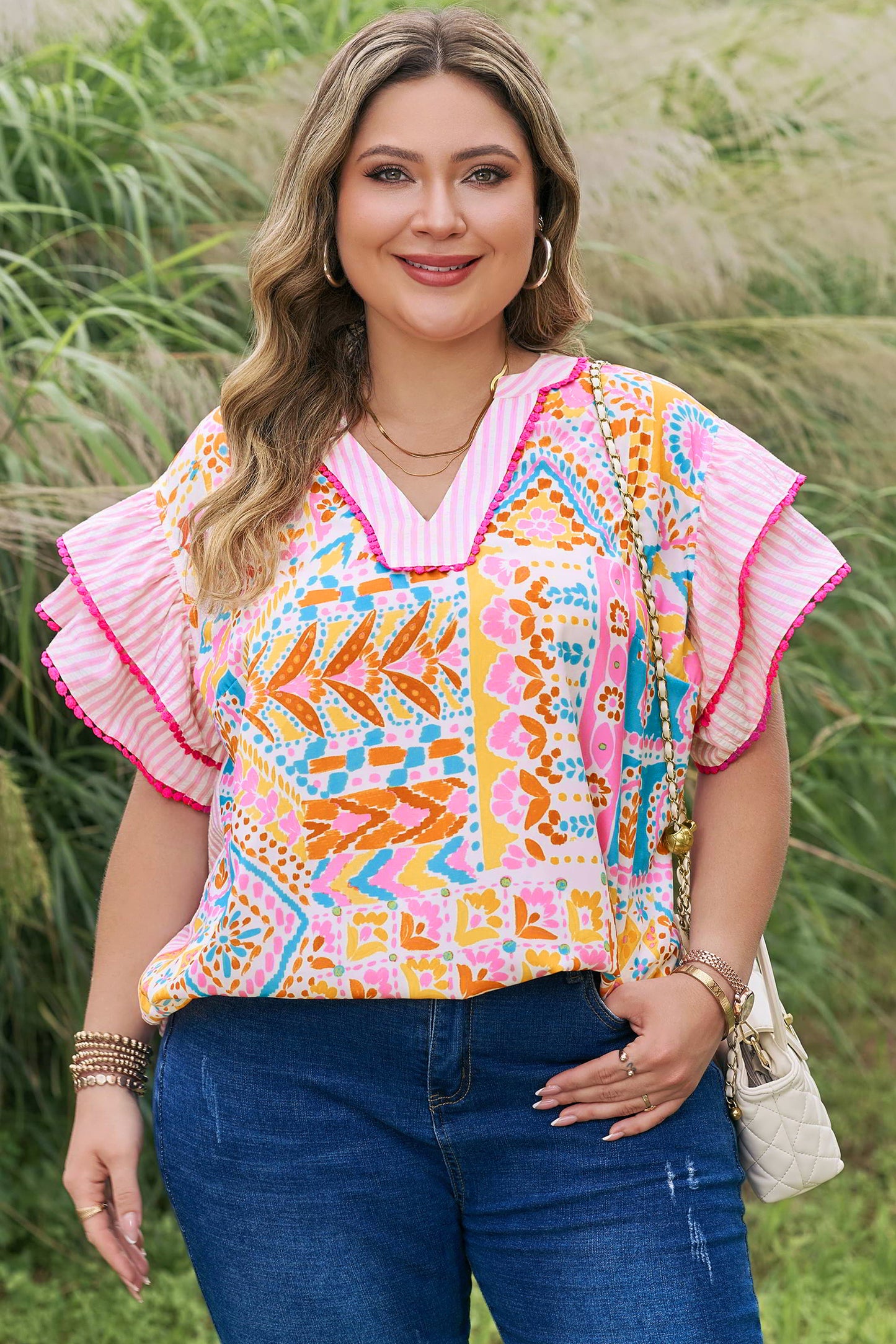 Rose Plus Size Geometric Print Contrast Trim Striped V Neck Blouse-Plus Size/Plus Size Tops/Plus Size Blouses & Shirts-[Adult]-[Female]-2022 Online Blue Zone Planet