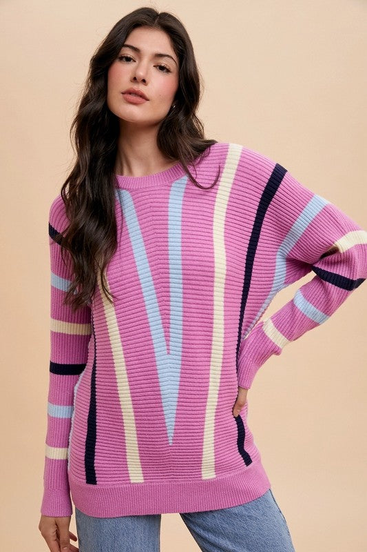 Annie Wear Chevron Stripe Round Neck Ribbed Sweater-TOPS / DRESSES-[Adult]-[Female]-2022 Online Blue Zone Planet