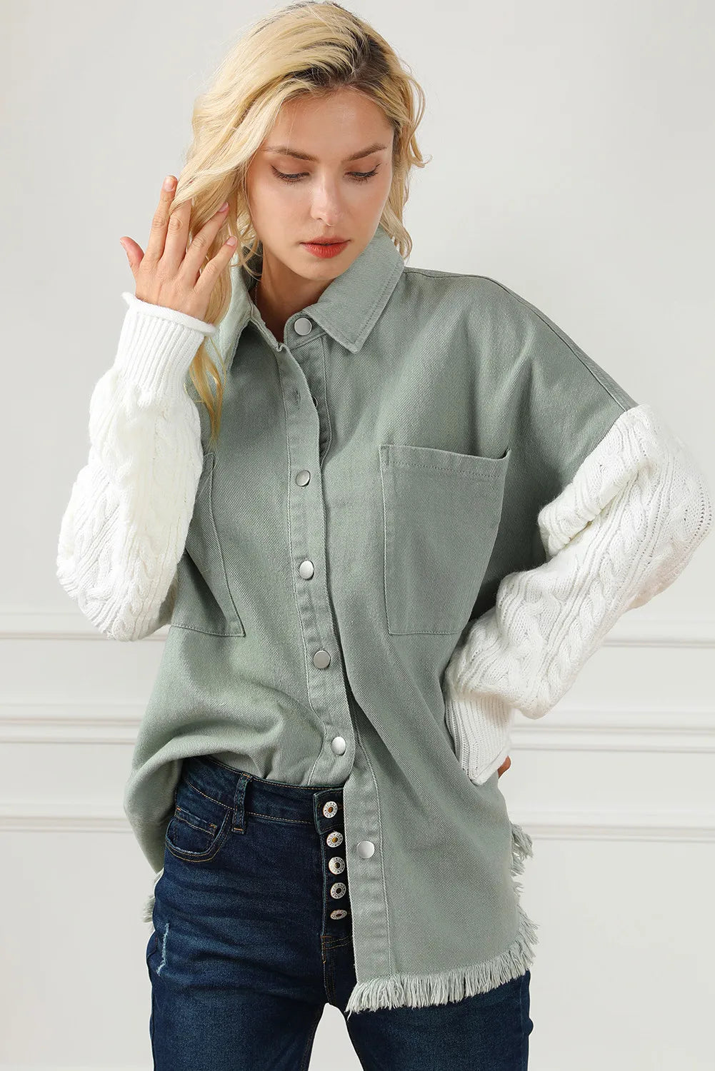 Raw Hem Collared Neck Button Up Long Sleeve Jacket-TOPS / DRESSES-[Adult]-[Female]-2022 Online Blue Zone Planet