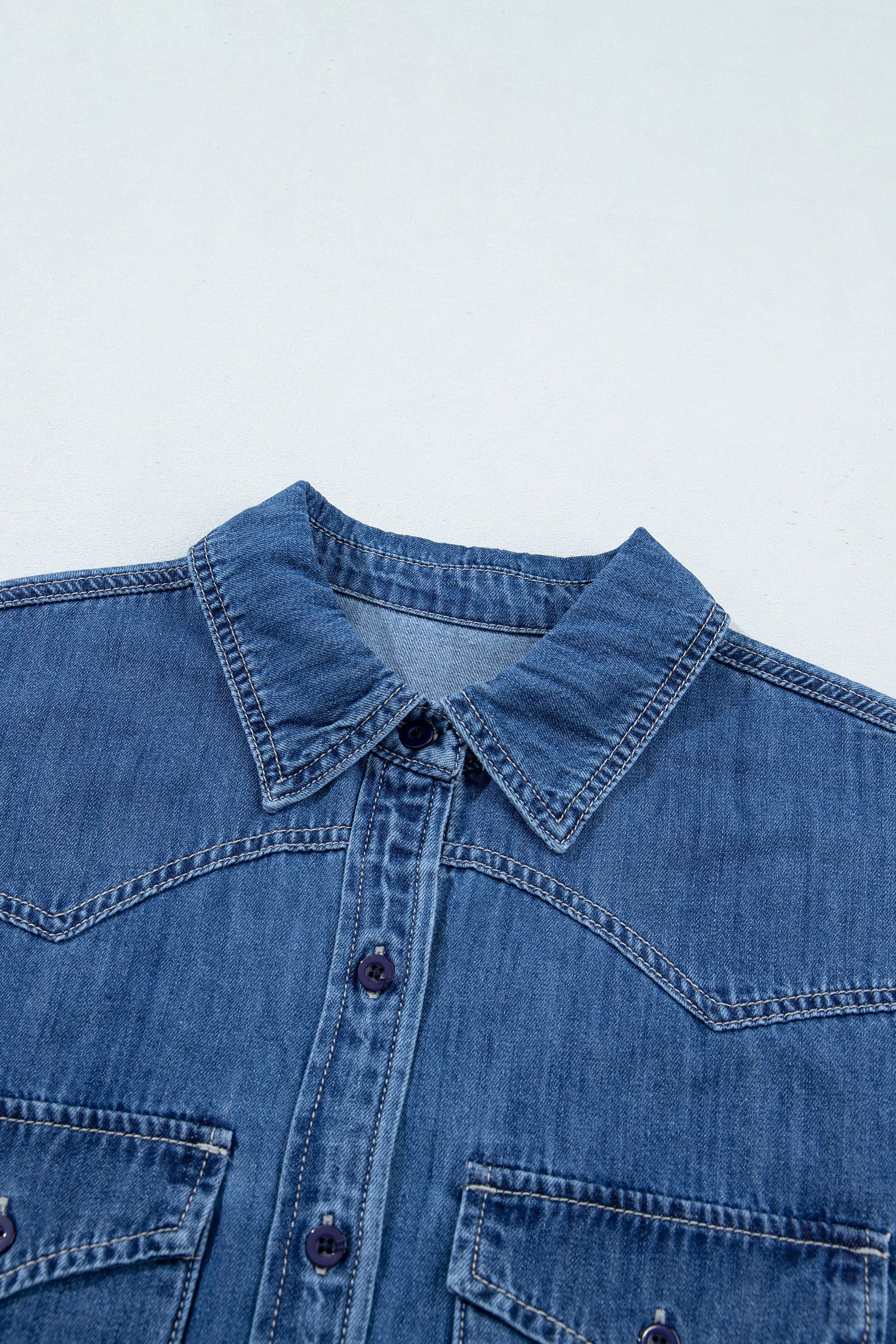 Sail Blue Western Patch Pockets Tunic Length Long Sleeve Denim Shirt-Tops/Blouses & Shirts-[Adult]-[Female]-2022 Online Blue Zone Planet