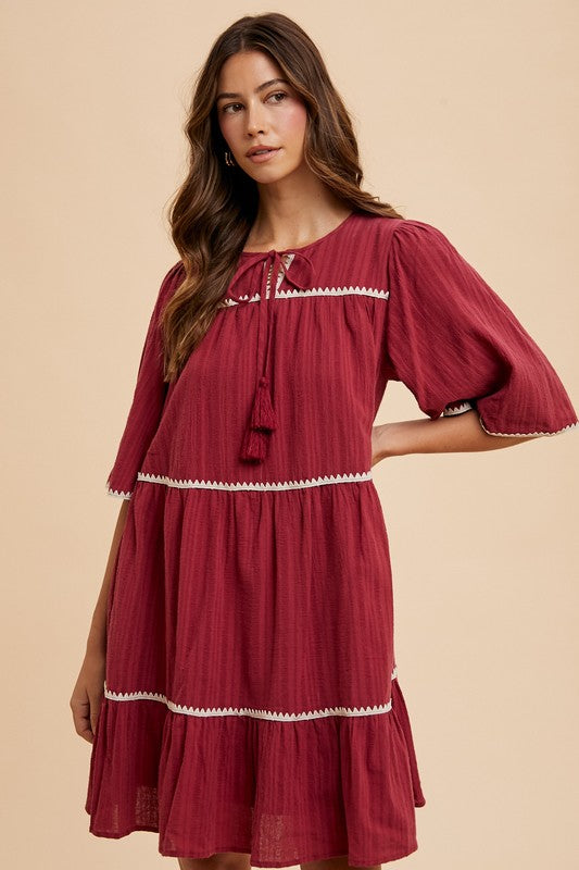 Annie Wear Tassel Contrast Trim Tie Neck Half Sleeve Tiered Dress-TOPS / DRESSES-[Adult]-[Female]-Burgundy-S-2022 Online Blue Zone Planet