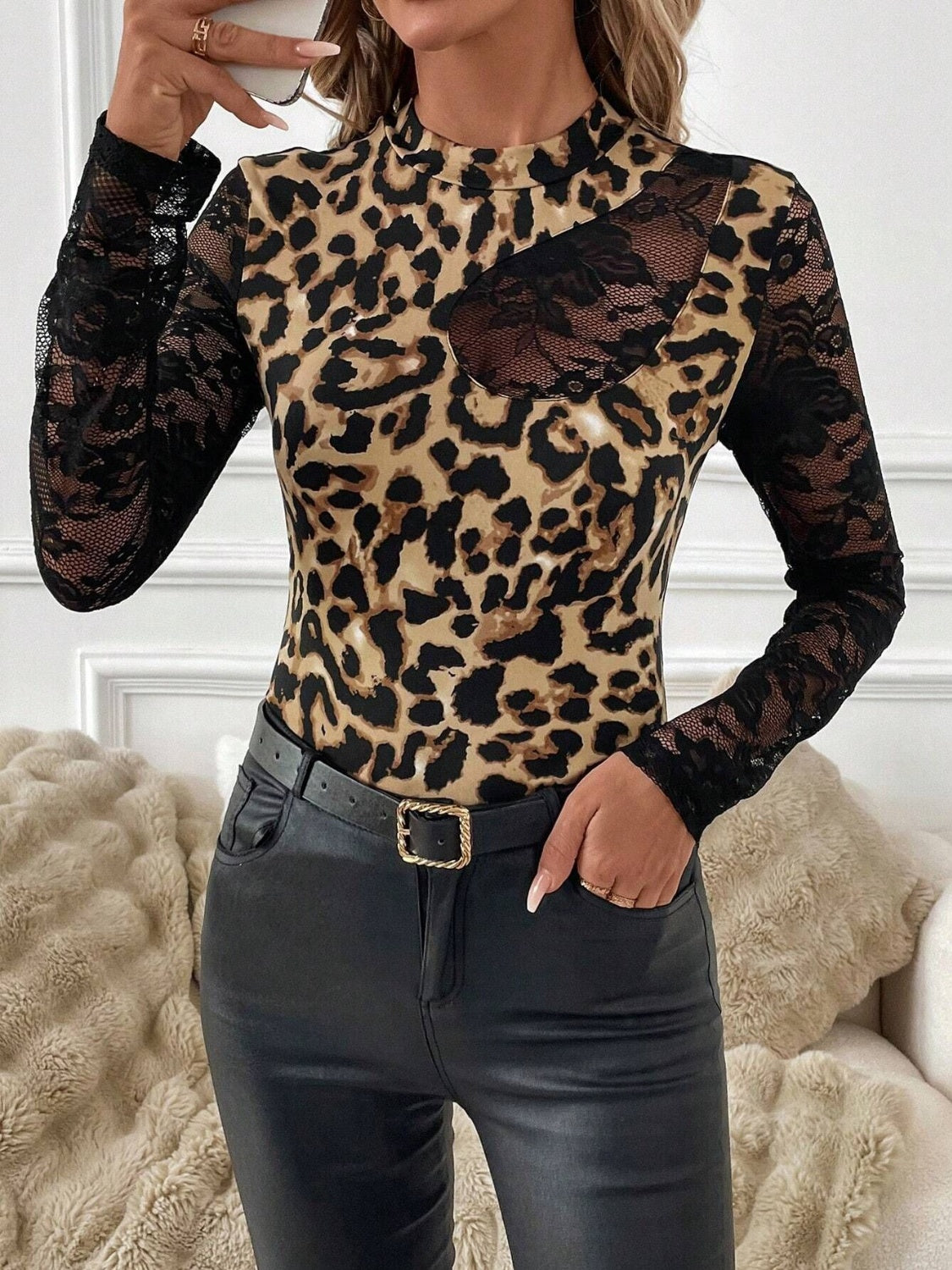 Lace Patchwork Mock Neck Long Sleeve Top-TOPS / DRESSES-[Adult]-[Female]-Leopard-S-2022 Online Blue Zone Planet