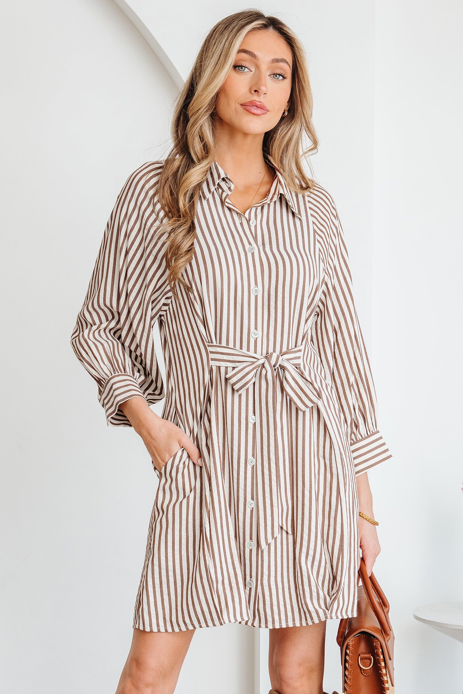 Brown Stripe Knot Waist Puff Sleeve Button Down Mini Shirt Dress-TOPS / DRESSES-[Adult]-[Female]-2022 Online Blue Zone Planet
