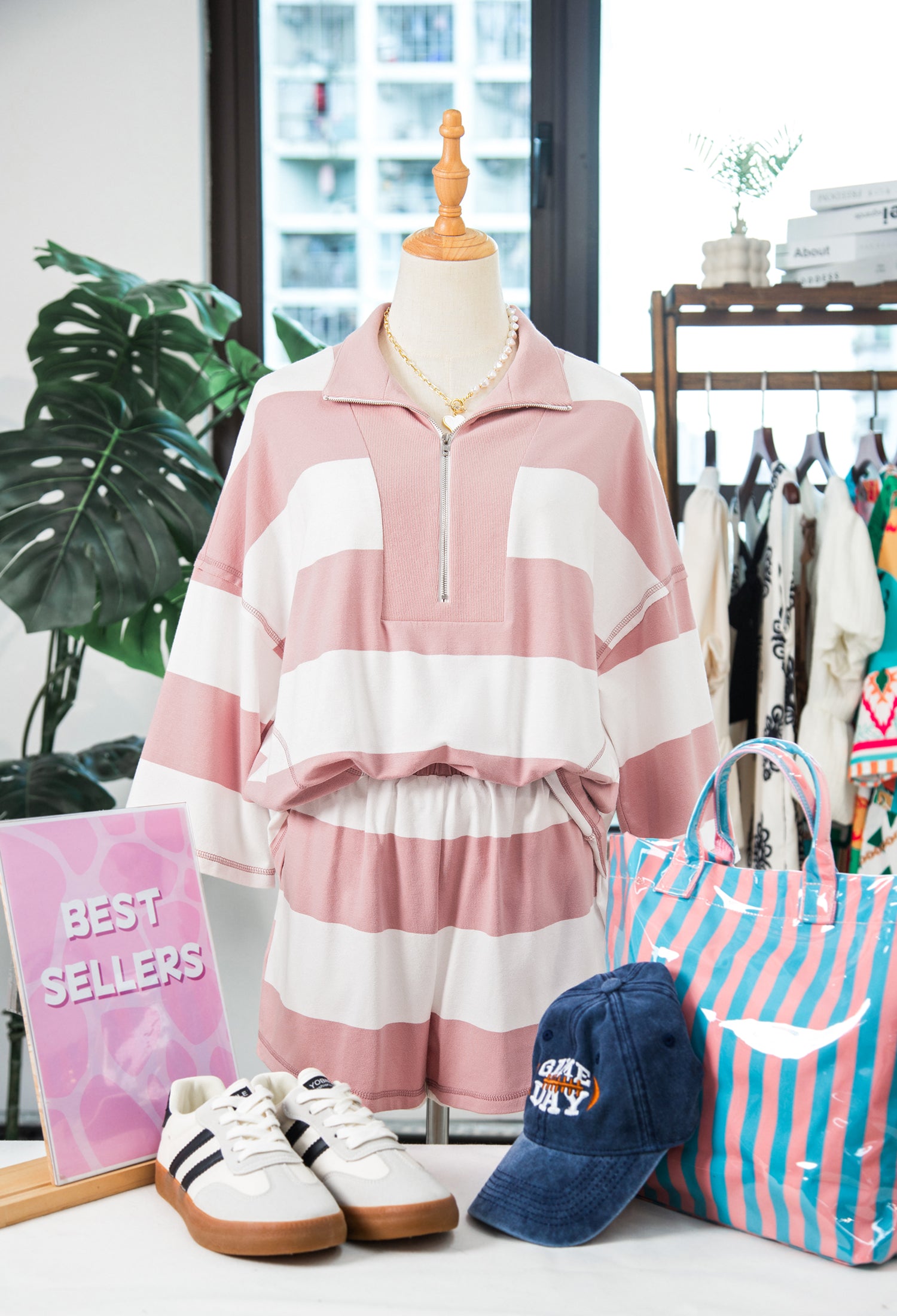 Pink Stripe Half Zip Bracelet Sleeve Top Casual Short Set-Two Piece Sets/Short Sets-[Adult]-[Female]-2022 Online Blue Zone Planet
