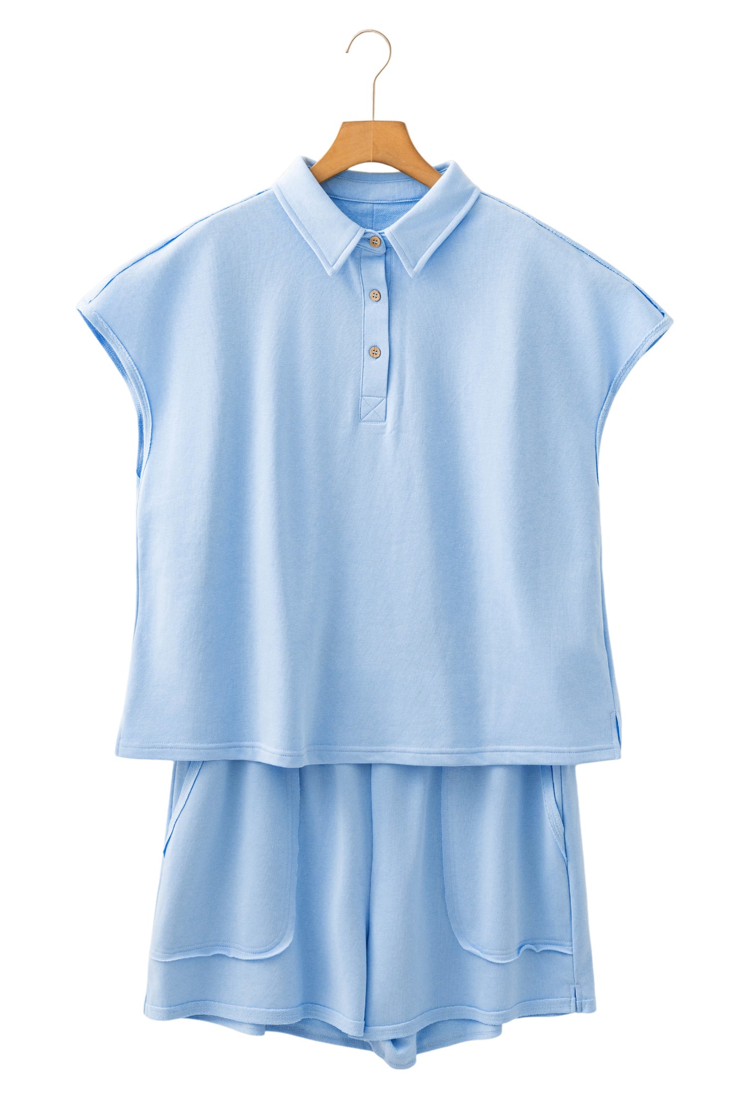 Mist Blue Solid Color Polo Tee Elastic Waist Shorts Plus Size Outfit-Plus Size/Plus Size Loungewear-[Adult]-[Female]-2022 Online Blue Zone Planet