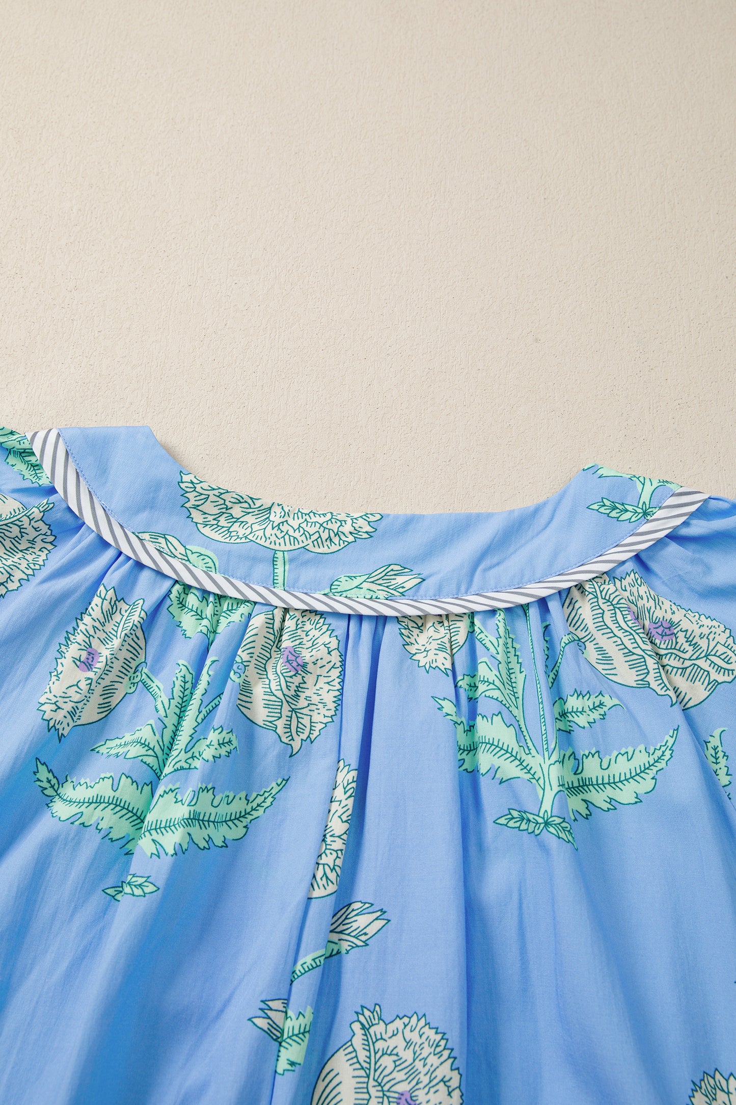 Sky Blue Plus Periwinkle Floral Printed Short Sleeve Striped Trim Split Neck Mini Dress-TOPS / DRESSES-[Adult]-[Female]-2022 Online Blue Zone Planet