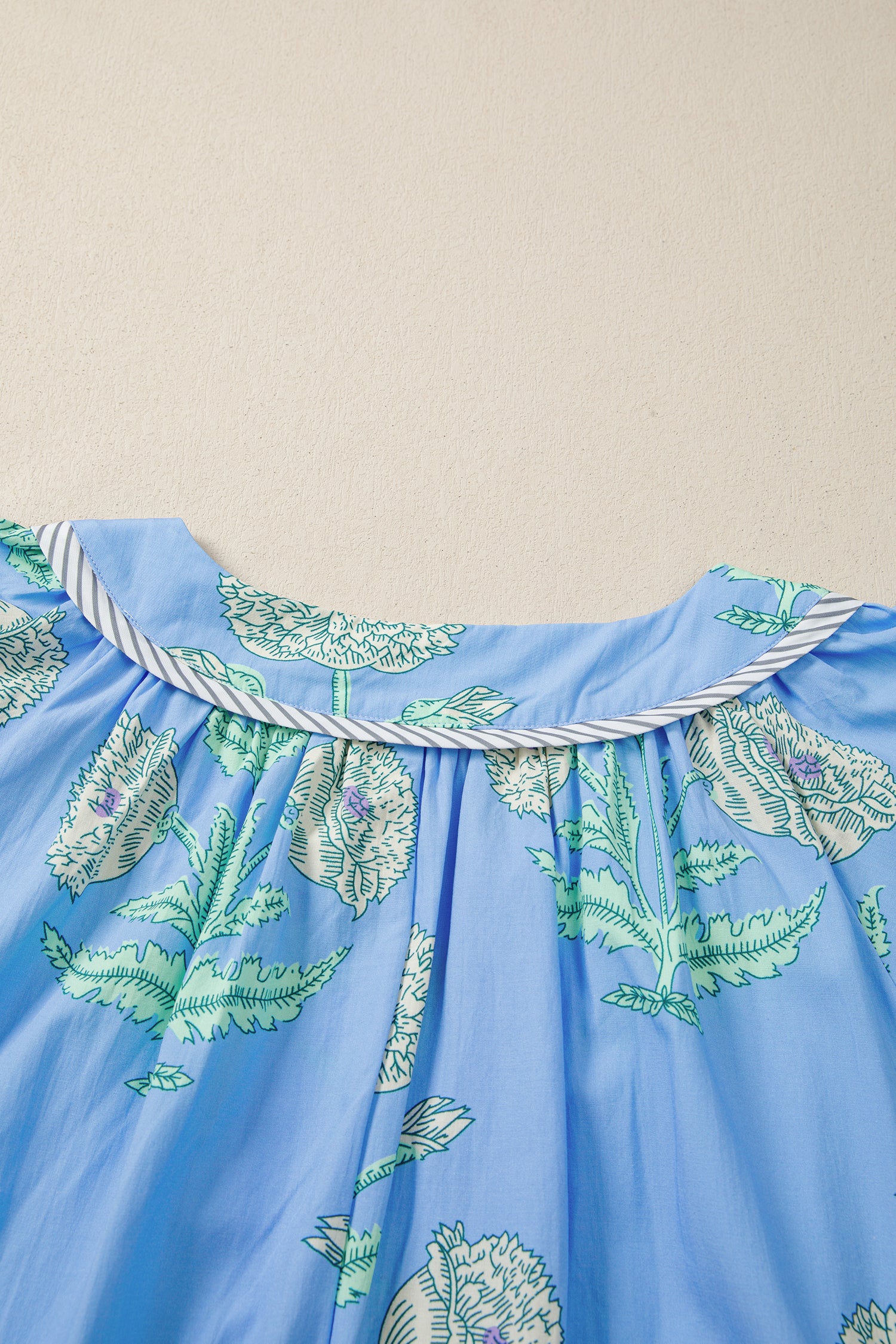 Sky Blue Plus Periwinkle Floral Printed Short Sleeve Striped Trim Split Neck Mini Dress-TOPS / DRESSES-[Adult]-[Female]-2022 Online Blue Zone Planet