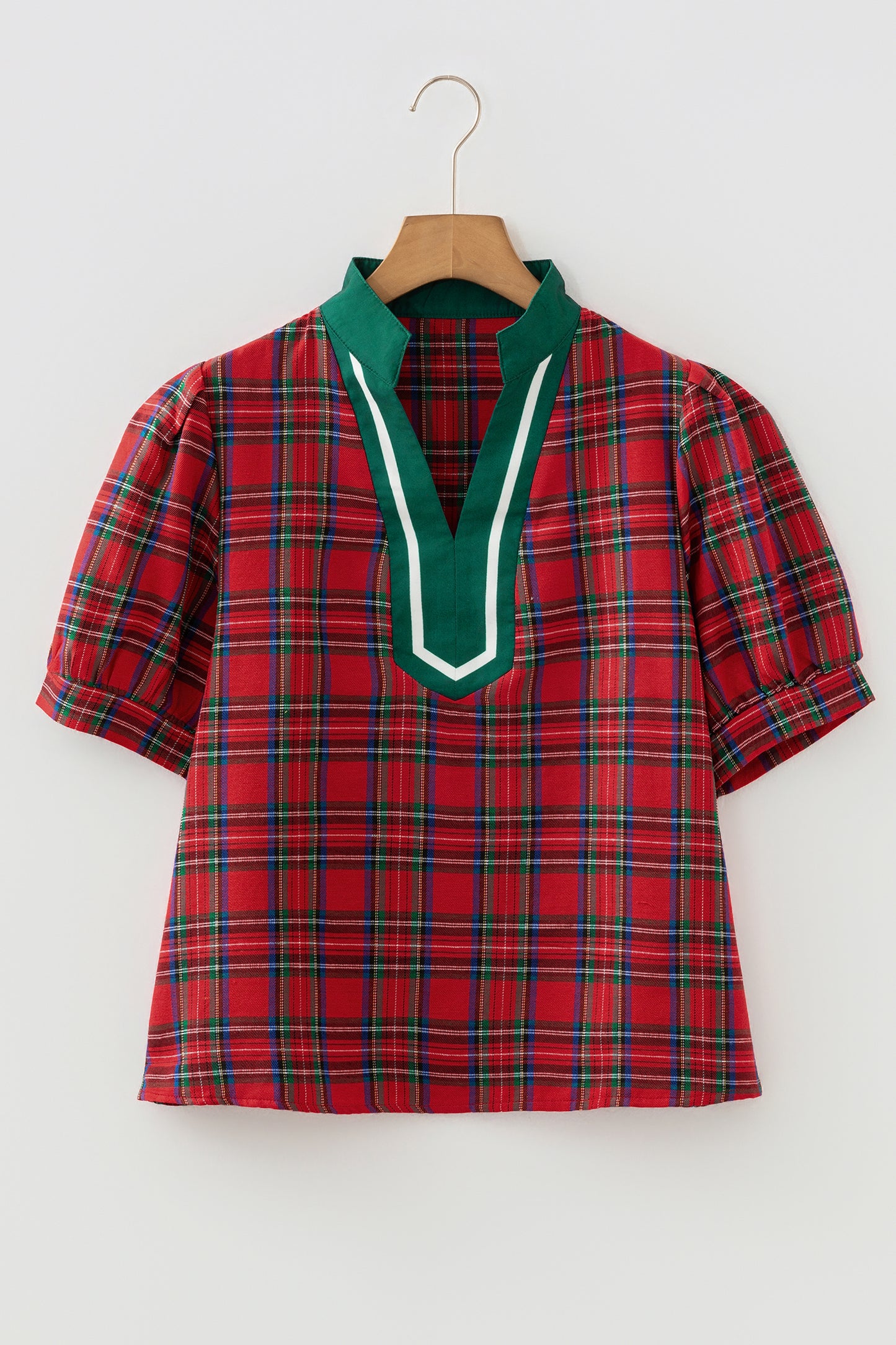 Red Plaid Print Contrast Trim V Neck Short Sleeve Blouse-Tops/Blouses & Shirts-[Adult]-[Female]-2022 Online Blue Zone Planet
