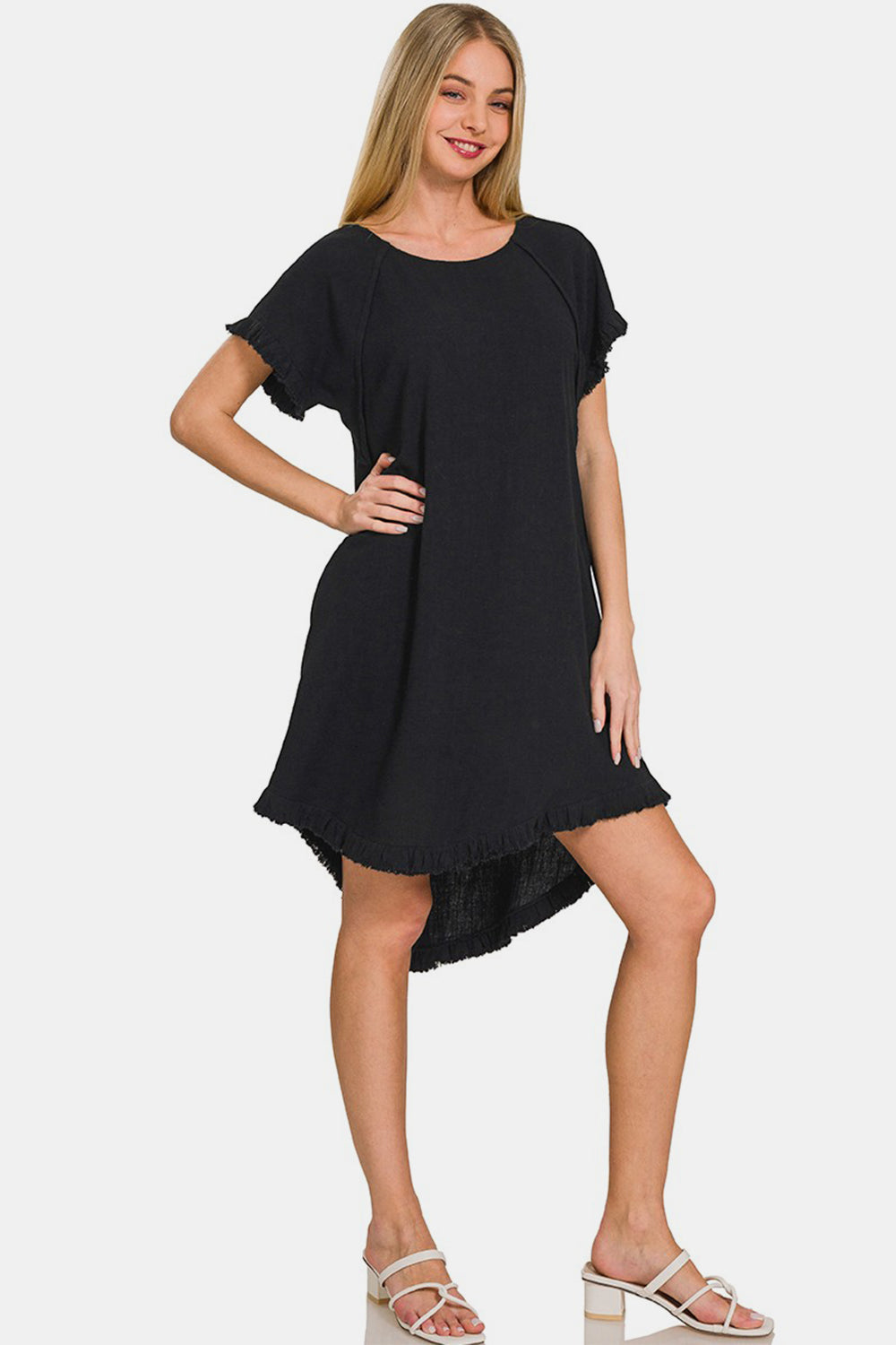 Zenana Fringe Edge High Low Flowy Dress with Pockets-TOPS / DRESSES-[Adult]-[Female]-2022 Online Blue Zone Planet