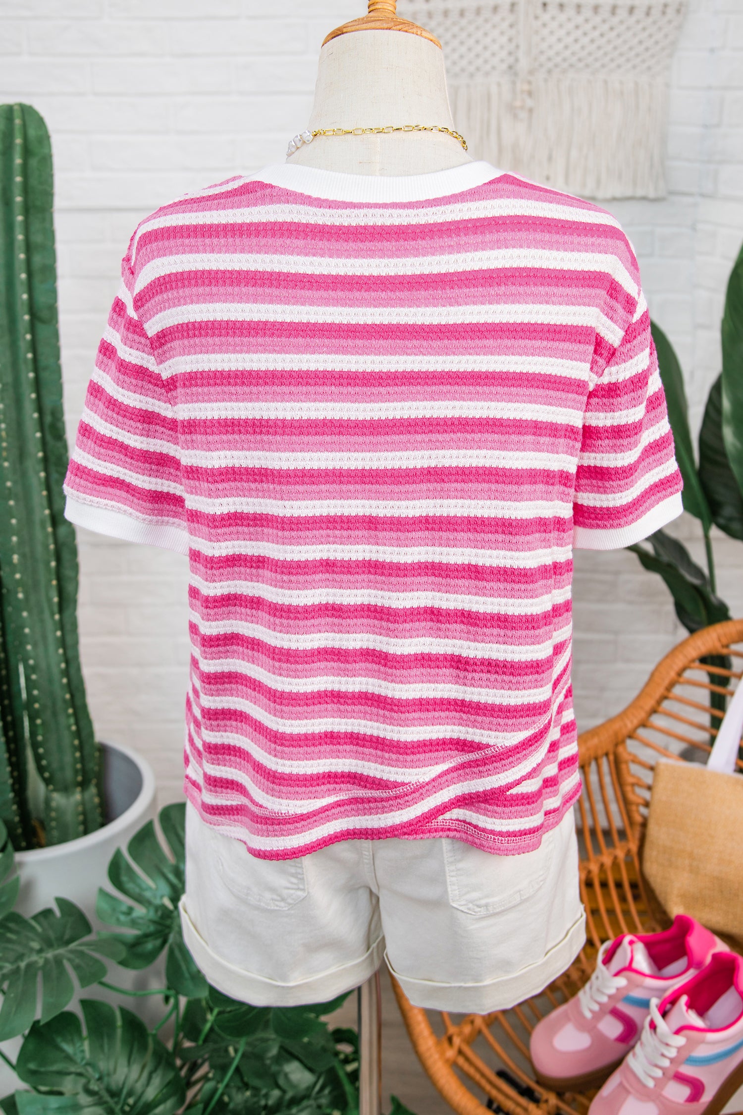 Sachet Pink Textured Knit Short Sleeve Crossed Detail Tee-Tops/Tops & Tees-[Adult]-[Female]-2022 Online Blue Zone Planet