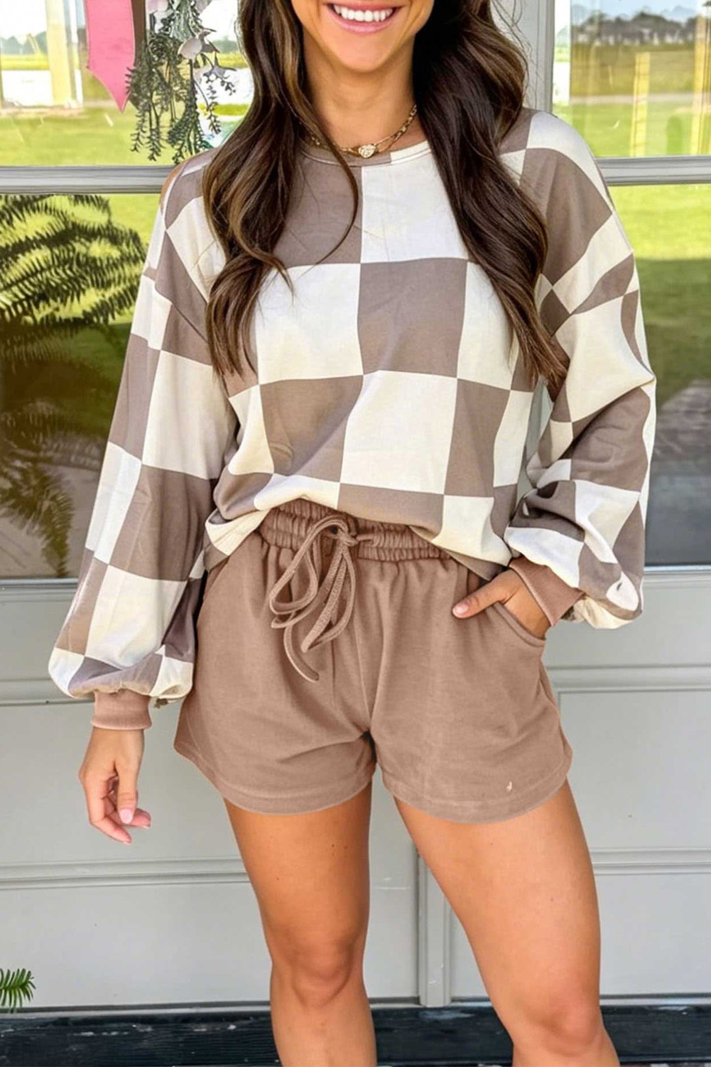 Khaki Checkerboard Plaid Long Sleeve Solid Color Shorts 2pcs Set-Two Piece Sets/Short Sets-[Adult]-[Female]-2022 Online Blue Zone Planet