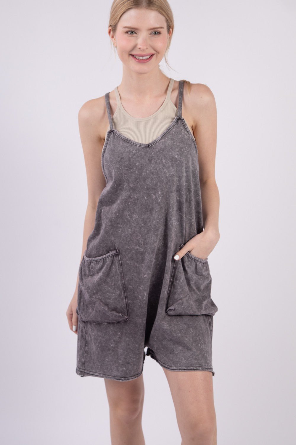 VERY J V-Neck Sleeveless Washed Romper-TOPS / DRESSES-[Adult]-[Female]-2022 Online Blue Zone Planet