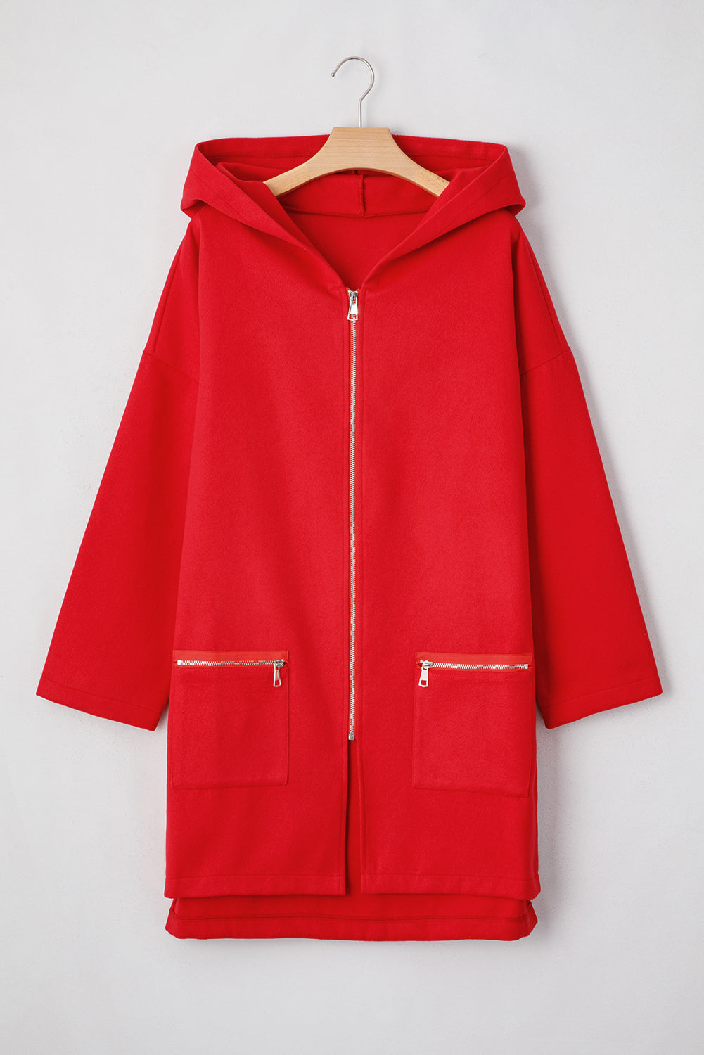 Fiery Red Solid Color Casual Zip up Hooded Coat-Tops / Dresses-[Adult]-[Female]-2022 Online Blue Zone Planet