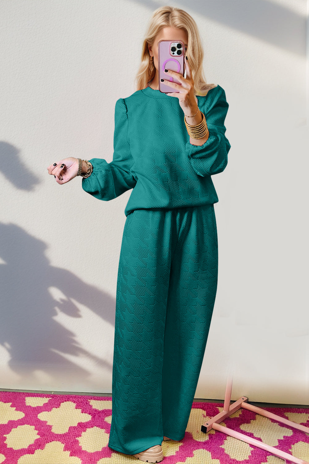 Blue Zone Planet | Double Take Texture Long Sleeve Top and Wide Leg Pants Set-TOPS / DRESSES-[Adult]-[Female]-Teal-S-2022 Online Blue Zone Planet