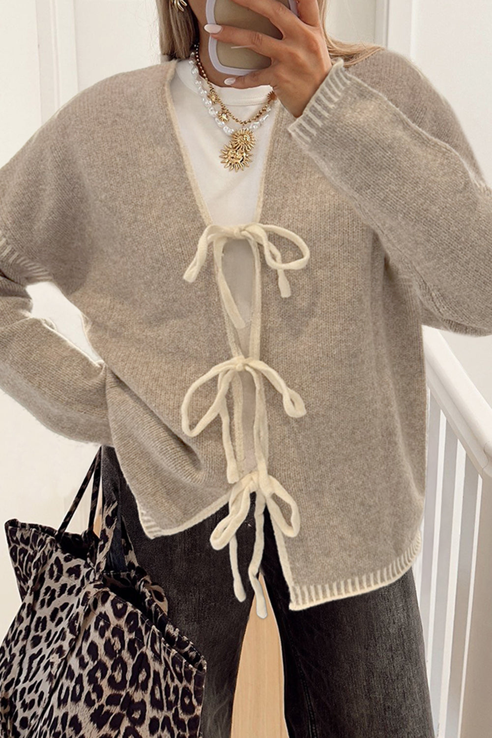 Pale Khaki Tied Front Drop Shoulder Chunky Casual Cardigan-Sweaters & Cardigans/Cardigans-[Adult]-[Female]-Pale Khaki-S-2022 Online Blue Zone Planet