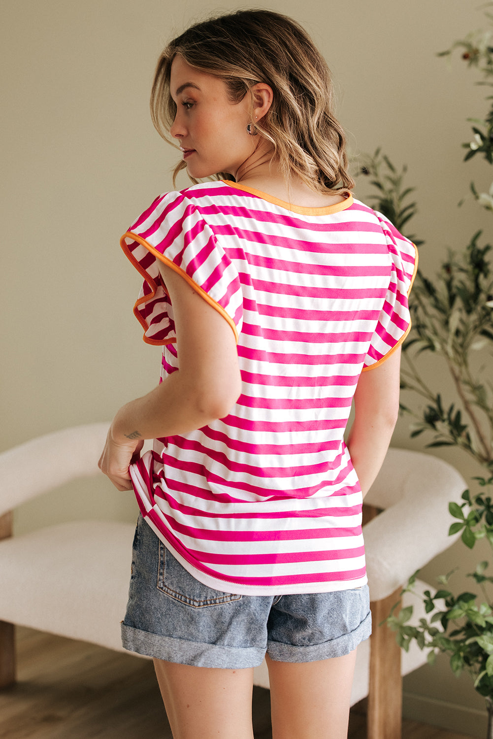 Rose Red Striped Ruffle Sleeve Crew Neck Blouse-Tops/Blouses & Shirts-[Adult]-[Female]-2022 Online Blue Zone Planet