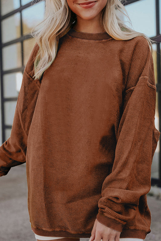 Chestnut Ribbed Corduroy Oversized Sweatshirt-Tops/Sweatshirts & Hoodies-[Adult]-[Female]-Chestnut-S-2022 Online Blue Zone Planet