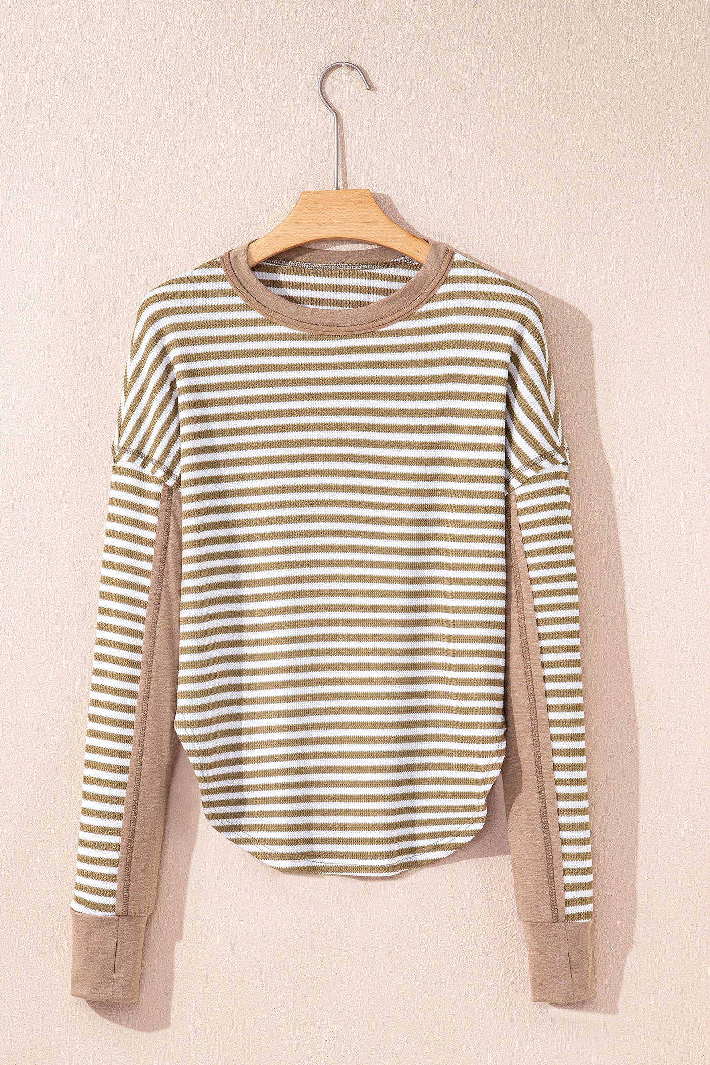 Khaki Stripe Thermal Knit Drop Shoulder Casual Top-Tops/Long Sleeve Tops-[Adult]-[Female]-2022 Online Blue Zone Planet