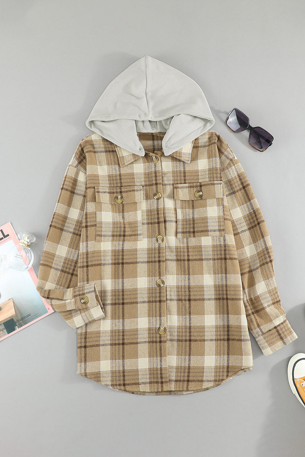 Plaid Button Up Long Sleeve Hooded Jacket-TOPS / DRESSES-[Adult]-[Female]-2022 Online Blue Zone Planet