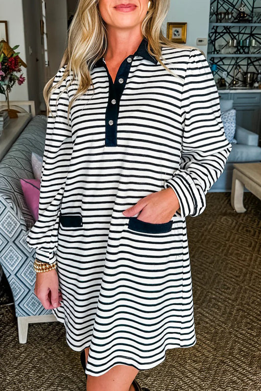 White Stripe Buttoned Front Collared Long Sleeve T Shirt Dress with Pockets-TOPS / DRESSES-[Adult]-[Female]-White Stripe-S-2022 Online Blue Zone Planet