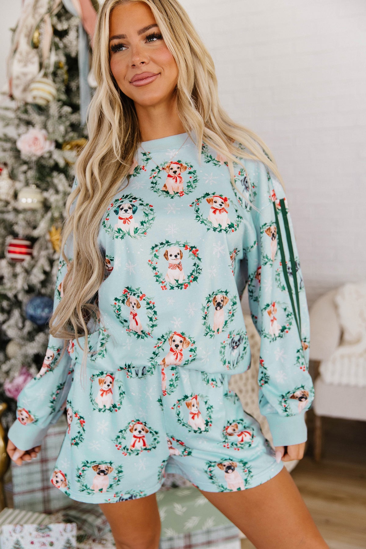 Sky Blue Holiday Puppies Wreath Print Pocket Sweatshirt and Shorts Set-Loungewear & Sleepwear/Loungewear-[Adult]-[Female]-2022 Online Blue Zone Planet