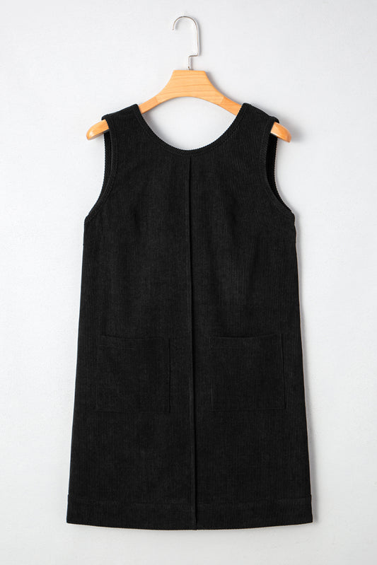 Black Corduroy Sleeveless Mini Dress With Patched Pockets-TOPS / DRESSES-[Adult]-[Female]-2022 Online Blue Zone Planet