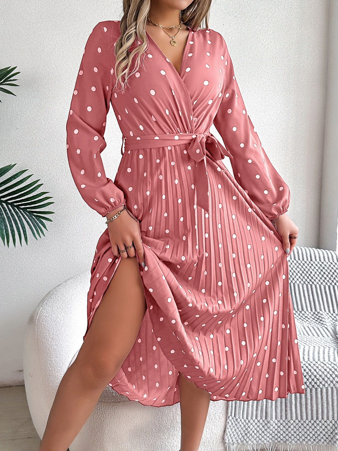 Blue Zone Planet | Tied Polka Dot Long Sleeve Midi Dress-TOPS / DRESSES-[Adult]-[Female]-Dusty Pink-S-2022 Online Blue Zone Planet