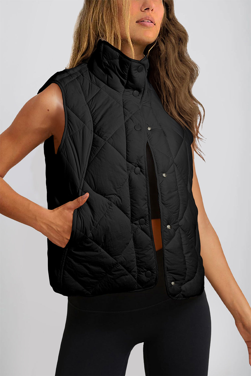 Black Quilted High Neck Button Up Pocket Vest Coat-Outerwear/Vests-[Adult]-[Female]-Black-S-2022 Online Blue Zone Planet