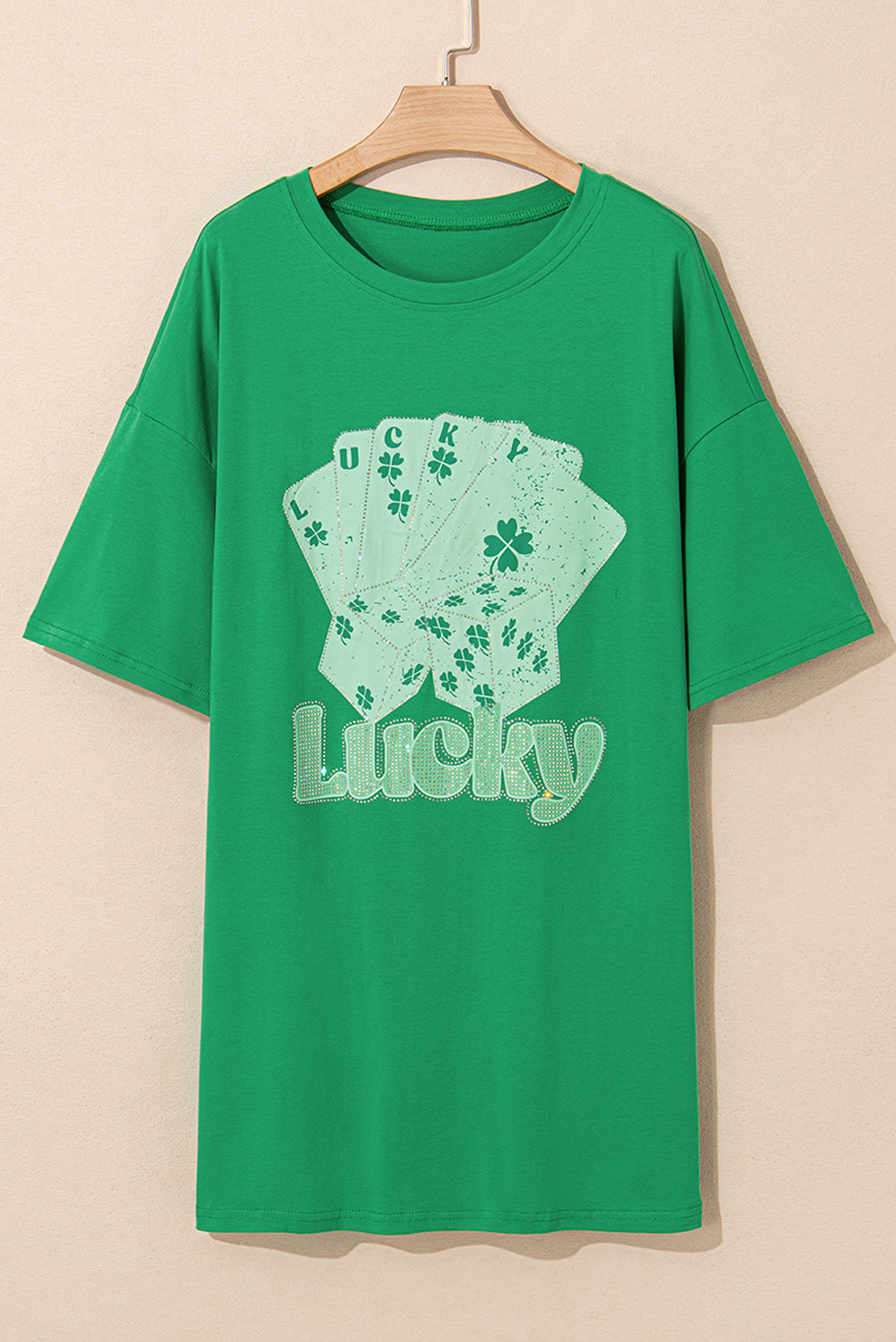 Bright Green Rhinestone Lucky Poker Cards Oversized T Shirt Mini Dress-TOPS / DRESSES-[Adult]-[Female]-2022 Online Blue Zone Planet
