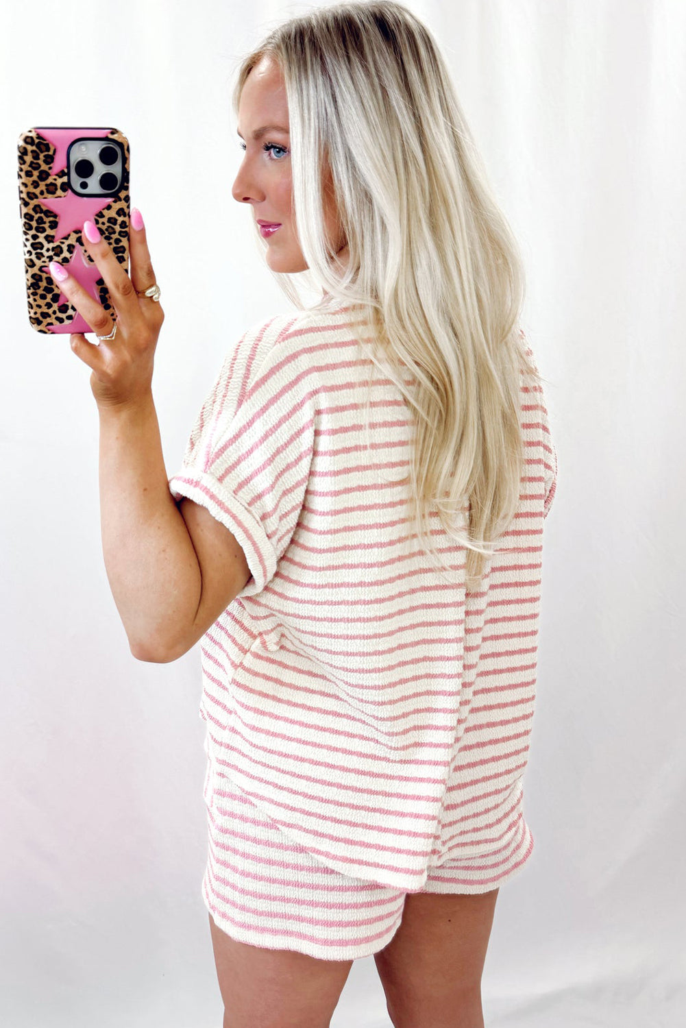 Pink Stripe Knitted Short Sleeve Top and Drawstring Shorts Set-Two Piece Sets/Short Sets-[Adult]-[Female]-2022 Online Blue Zone Planet