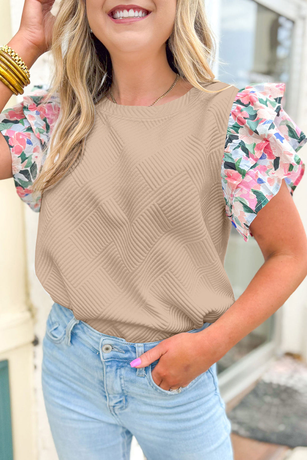 Parchment Abstract Print Tiered Ruffled Sleeve Textured Knit Top-Tops/Blouses & Shirts-[Adult]-[Female]-Parchment-S-2022 Online Blue Zone Planet