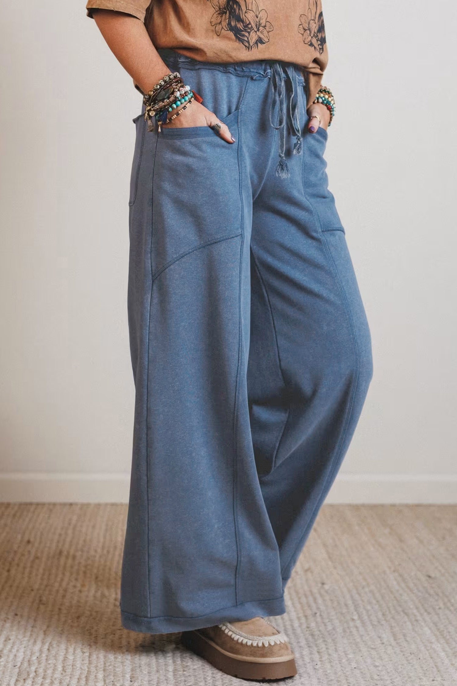 Ashleigh Blue Mineral Wash Drawstring Retro High Waist Wide Leg Western Pants-Bottoms/Pants & Culotte-[Adult]-[Female]-2022 Online Blue Zone Planet