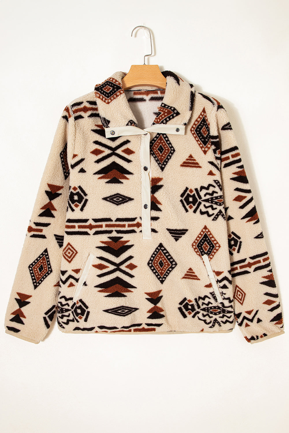Beige Western Aztec Half Zip Plush Sweatshirt-Tops/Sweatshirts & Hoodies-[Adult]-[Female]-2022 Online Blue Zone Planet