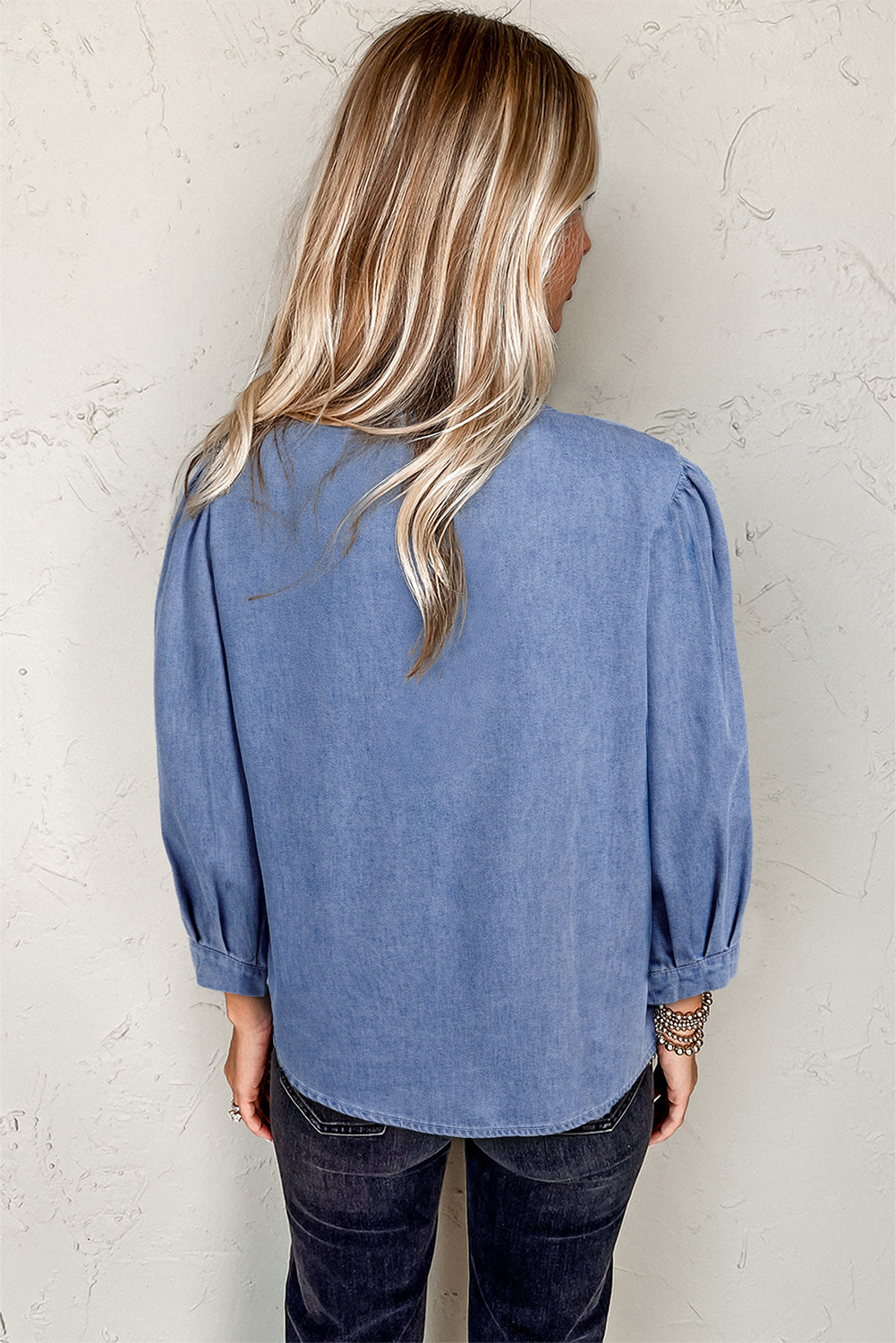 Myosotis Denim Front Pintuck Bow Tie Puff Sleeve Top-Tops/Blouses & Shirts-[Adult]-[Female]-2022 Online Blue Zone Planet