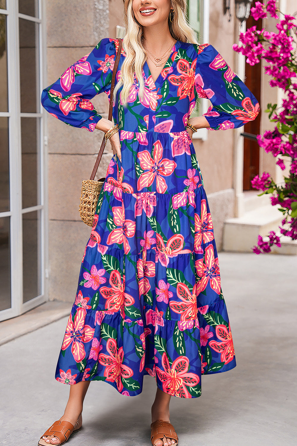 Blue Bohemian Floral Print Three Quarter Sleeve Tiered Maxi Dress-Maxi Dresses-[Adult]-[Female]-Blue-L-2022 Online Blue Zone Planet
