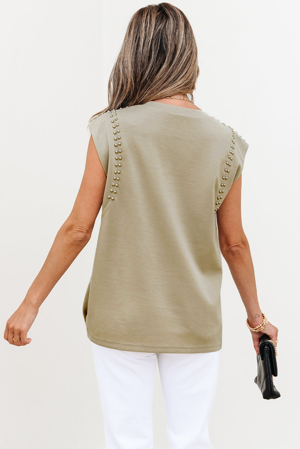 Sage Green Studded Cap Sleeve Round Neck T Shirt-Tops/Tops & Tees-[Adult]-[Female]-2022 Online Blue Zone Planet
