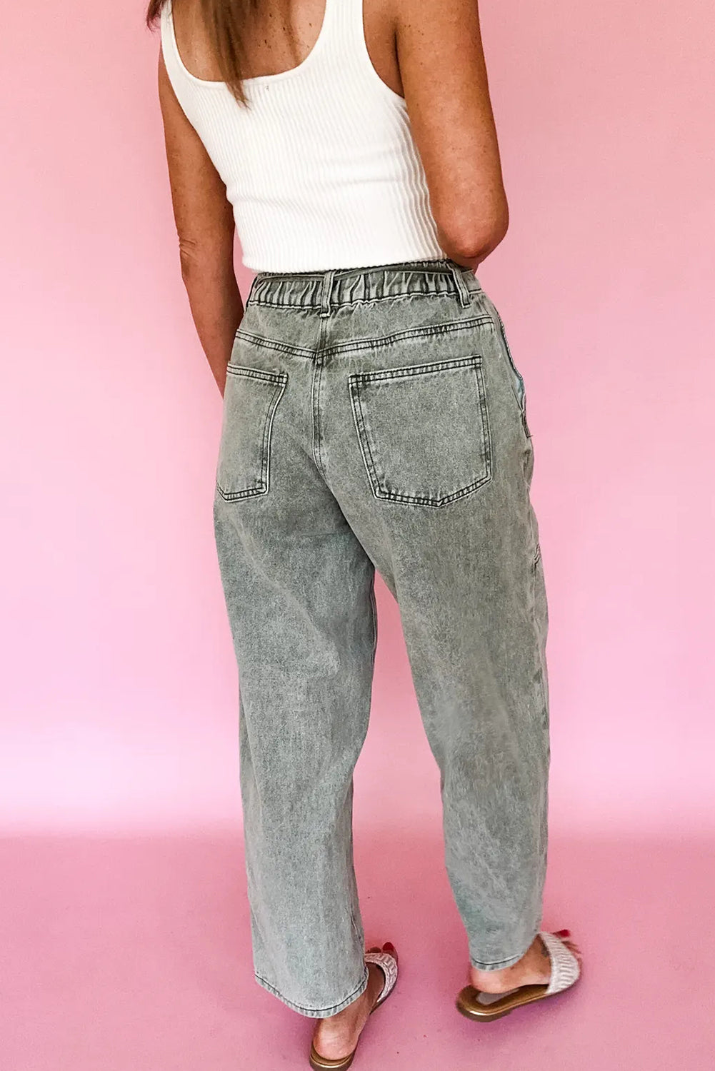 Gray Acid Wash Barrel Fit Denim Pants with Waist String-Bottoms/Jeans-[Adult]-[Female]-2022 Online Blue Zone Planet