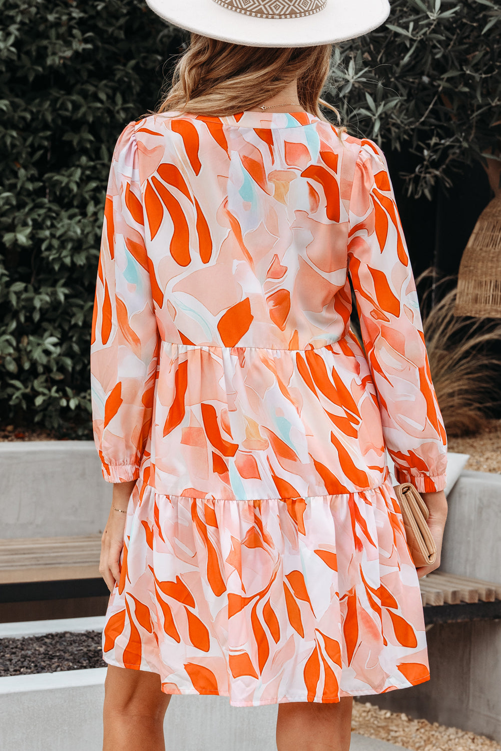 Orange Abstract Print Split Neck Long Sleeve Dress-TOPS / DRESSES-[Adult]-[Female]-2022 Online Blue Zone Planet