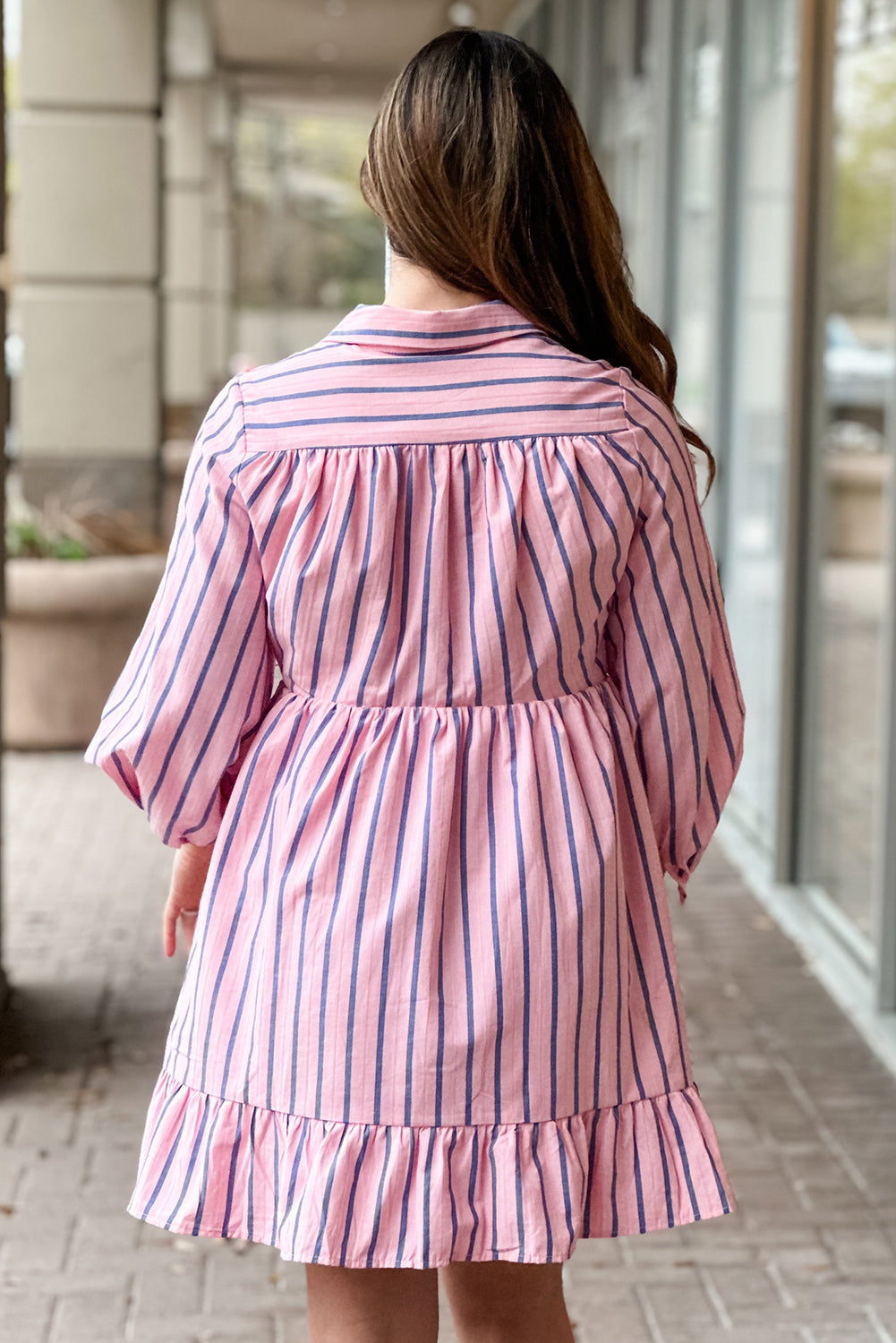 Pink Stripe Ruffled Hem Button-up Collared Shirt Mini Dress-Dresses/Mini Dresses-[Adult]-[Female]-2022 Online Blue Zone Planet