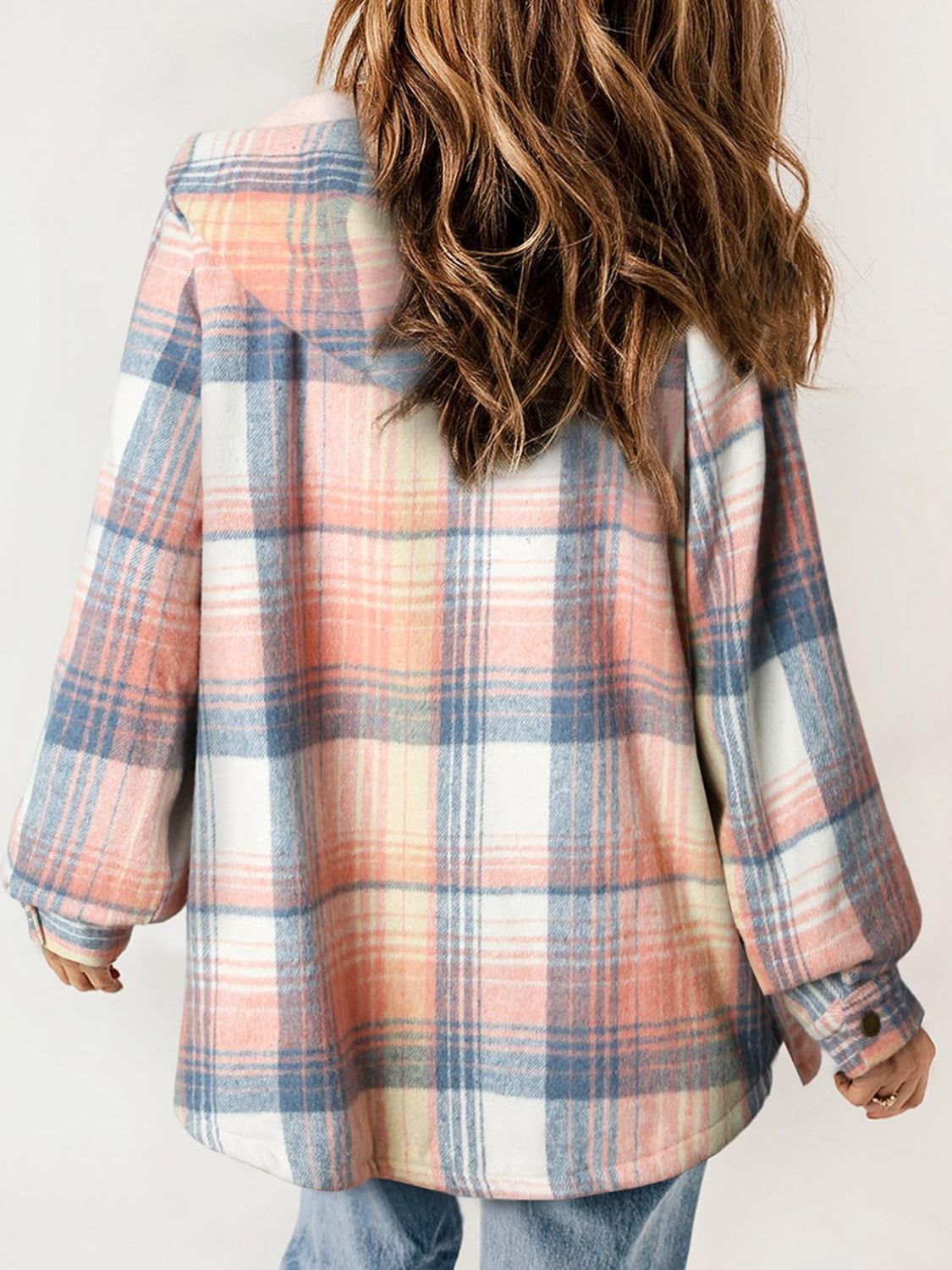 Plaid Snap Down Plush Hooded Jacket-TOPS / DRESSES-[Adult]-[Female]-2022 Online Blue Zone Planet