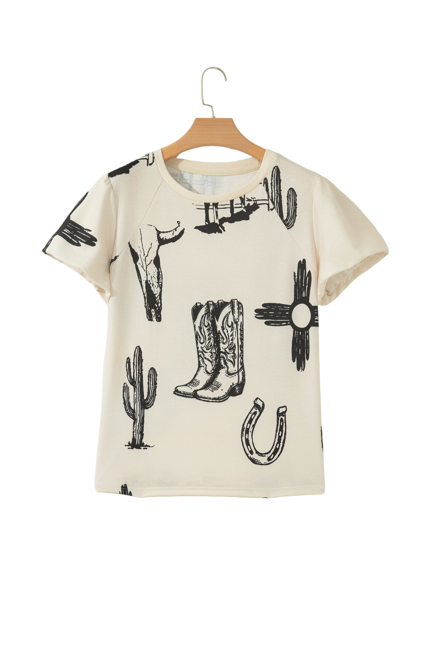 Beige Retro Western Print T Shirt-Tops/Tops & Tees-[Adult]-[Female]-2022 Online Blue Zone Planet