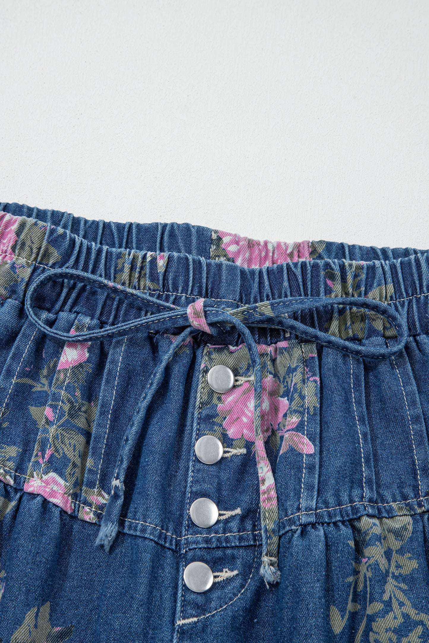 Blue Retro Floral Print Tie Elastic Waist Button Pintuck Wide Leg Jeans-Bottoms/Jeans-[Adult]-[Female]-2022 Online Blue Zone Planet
