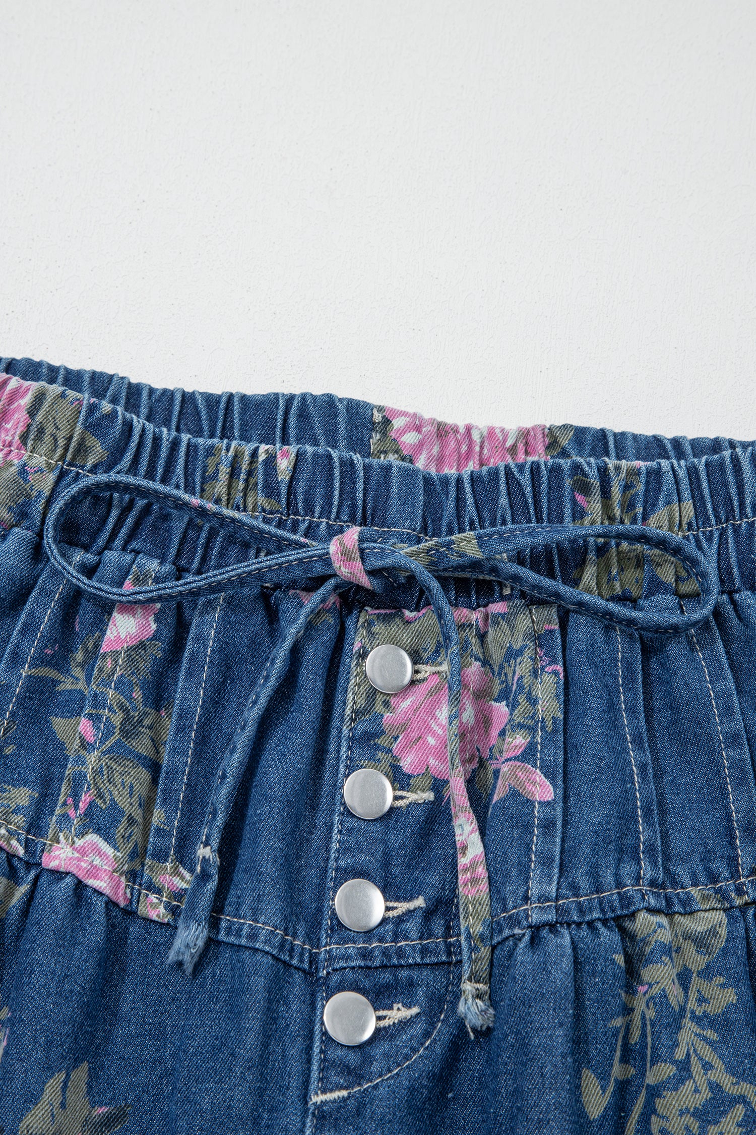 Blue Retro Floral Print Tie Elastic Waist Button Pintuck Wide Leg Jeans-Bottoms/Jeans-[Adult]-[Female]-2022 Online Blue Zone Planet