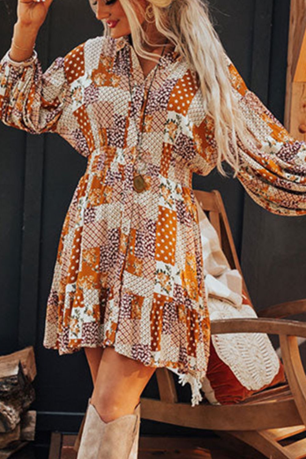 Printed Collared Neck Three-Quarter Sleeve Mini Shirt Dress-TOPS / DRESSES-[Adult]-[Female]-Tangerine-M-2022 Online Blue Zone Planet