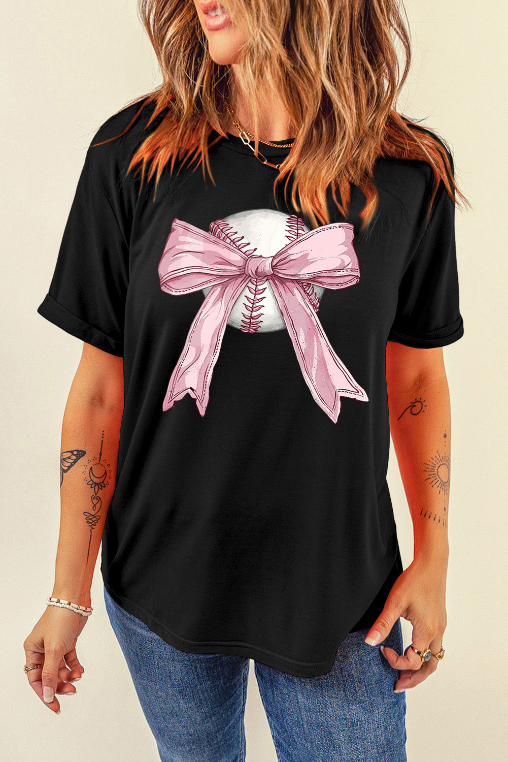 Black Baseball Bow Knot Print Round Neck T Shirt-Graphic/Graphic Tees-[Adult]-[Female]-2022 Online Blue Zone Planet