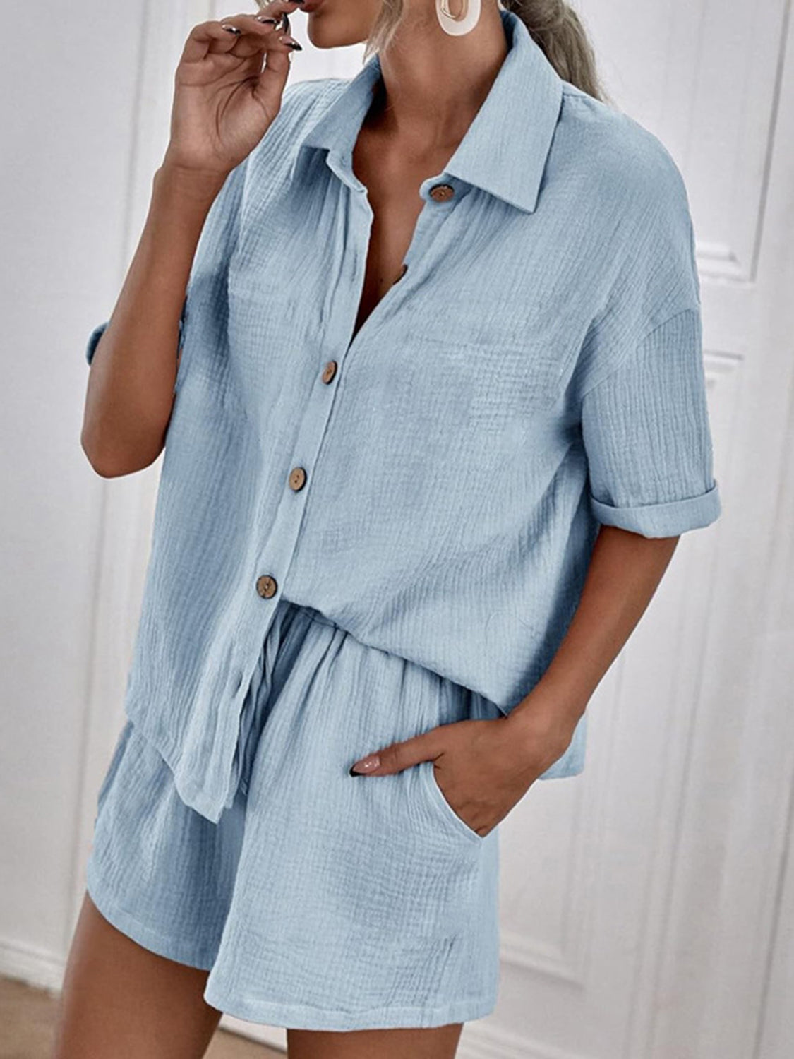 Blue Zone Planet | Button Up Short Sleeve Top and Shorts Set-TOPS / DRESSES-[Adult]-[Female]-2022 Online Blue Zone Planet