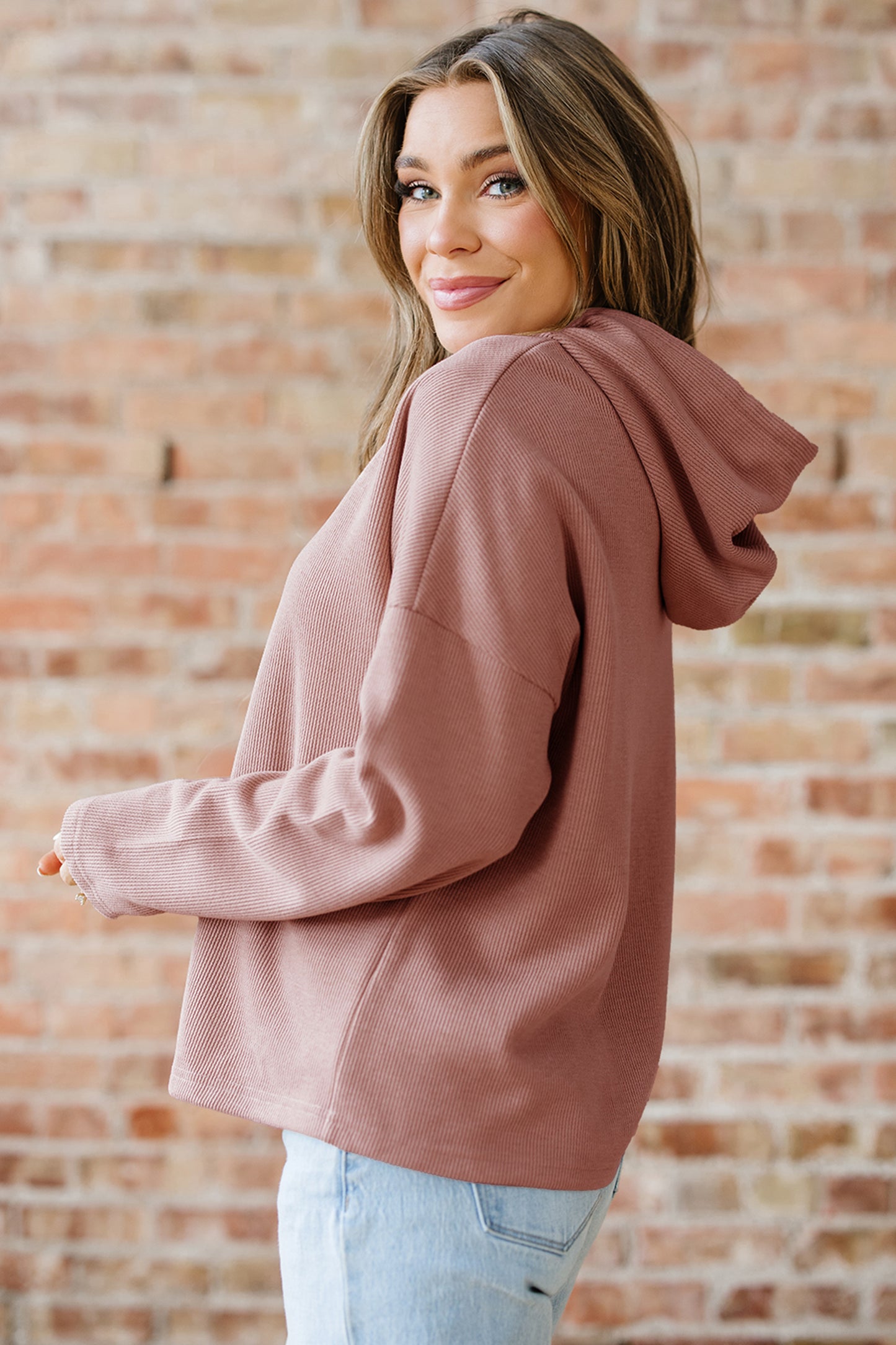 Rose Tan Thermal Textured Lace Drawstring Baggy Hoodie-Tops / Dresses-[Adult]-[Female]-2022 Online Blue Zone Planet