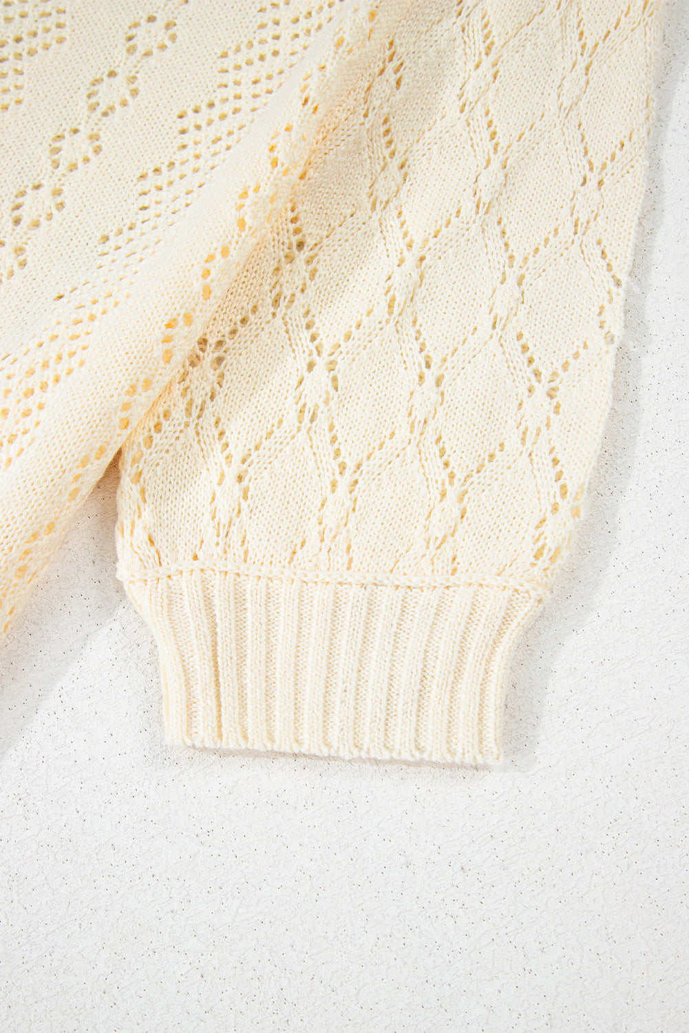 Beige Hollowed Pattern Knit Short Puff Sleeve Sweater-Sweaters & Cardigans/Short Sleeve Sweaters-[Adult]-[Female]-2022 Online Blue Zone Planet