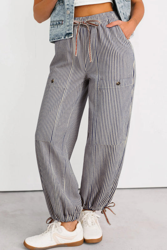 Khaki Stripe Button Patch Pocket Drawstring Elastic Waist Loose Pants-Bottoms/Pants & Culotte-[Adult]-[Female]-Khaki Stripe-4-2022 Online Blue Zone Planet