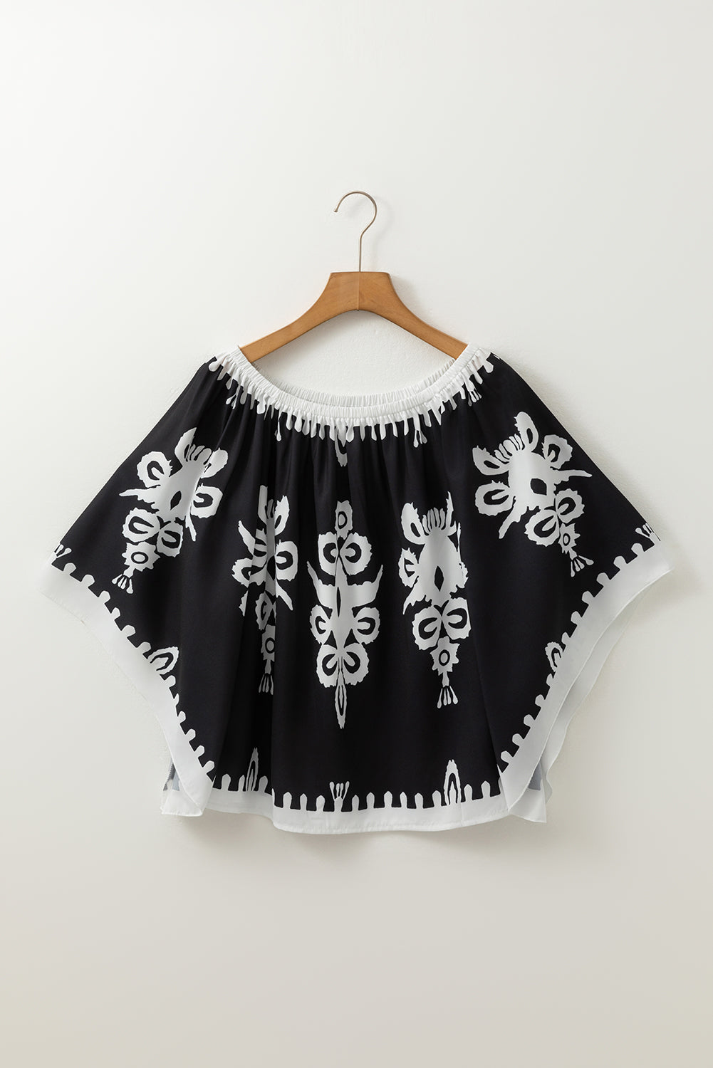 Blue Zone Planet | Black Tribal Printed Off Shoulder Loose Sleeve Blouse-Tops/Blouses & Shirts-[Adult]-[Female]-2022 Online Blue Zone Planet